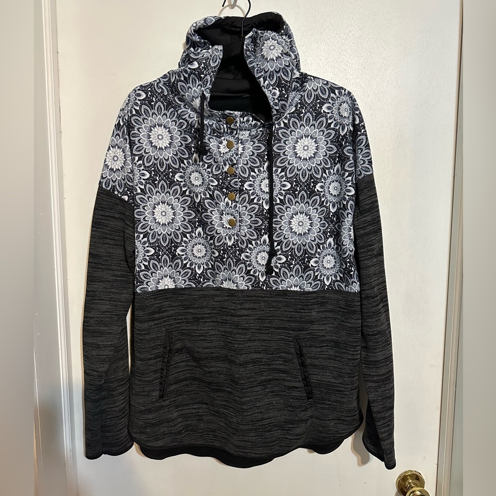 Floral Patterned Black and Gray Women's Hoodie